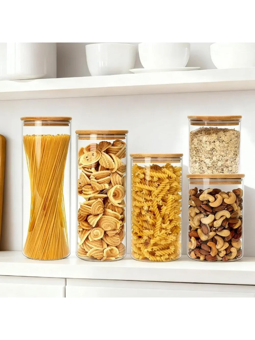 5 Pack Airtight Glass Storage Jars with Bamboo Lids - Kitchen Organization